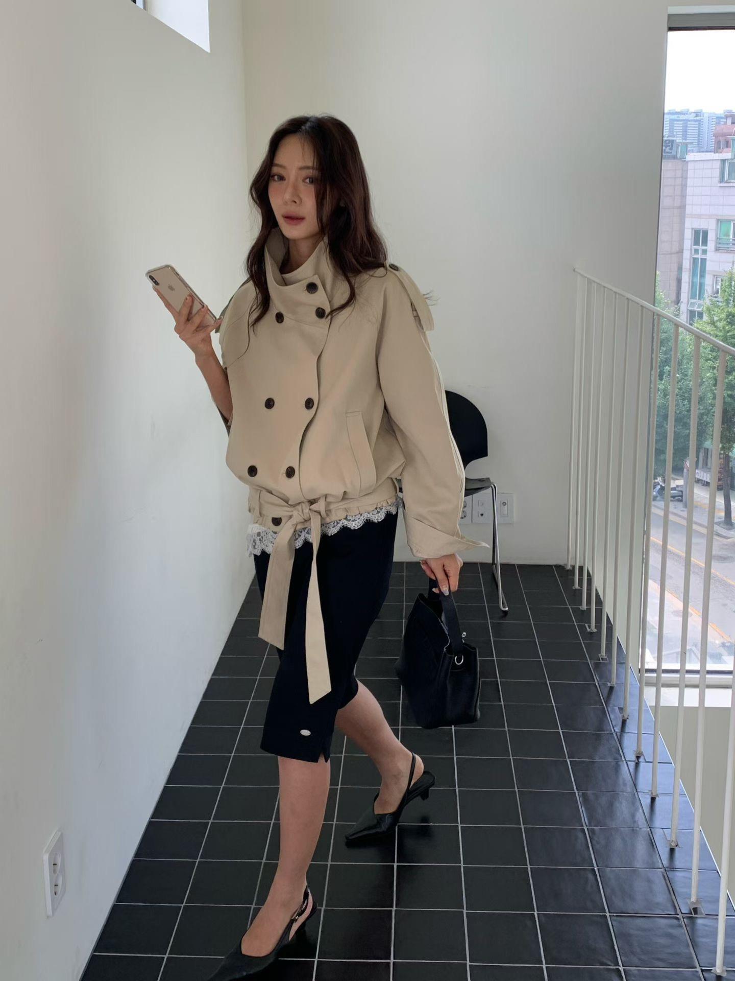 下擺綁帶翻領風衣外套